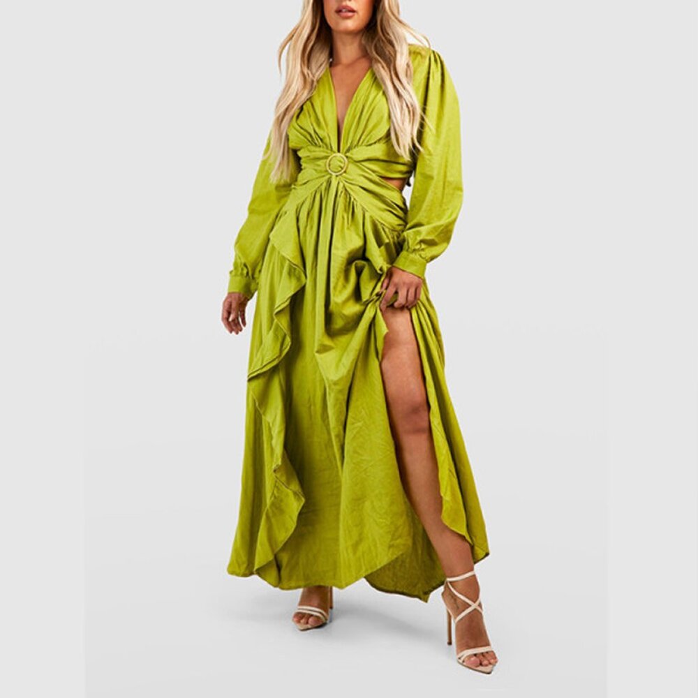 Boohoo Boho Linen Look Cut Out Ruffle Maxi Dress